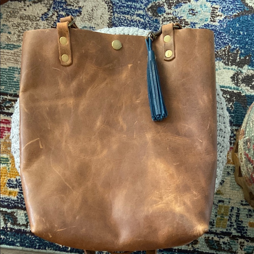 Brown Leather Tote with Blue Tassel